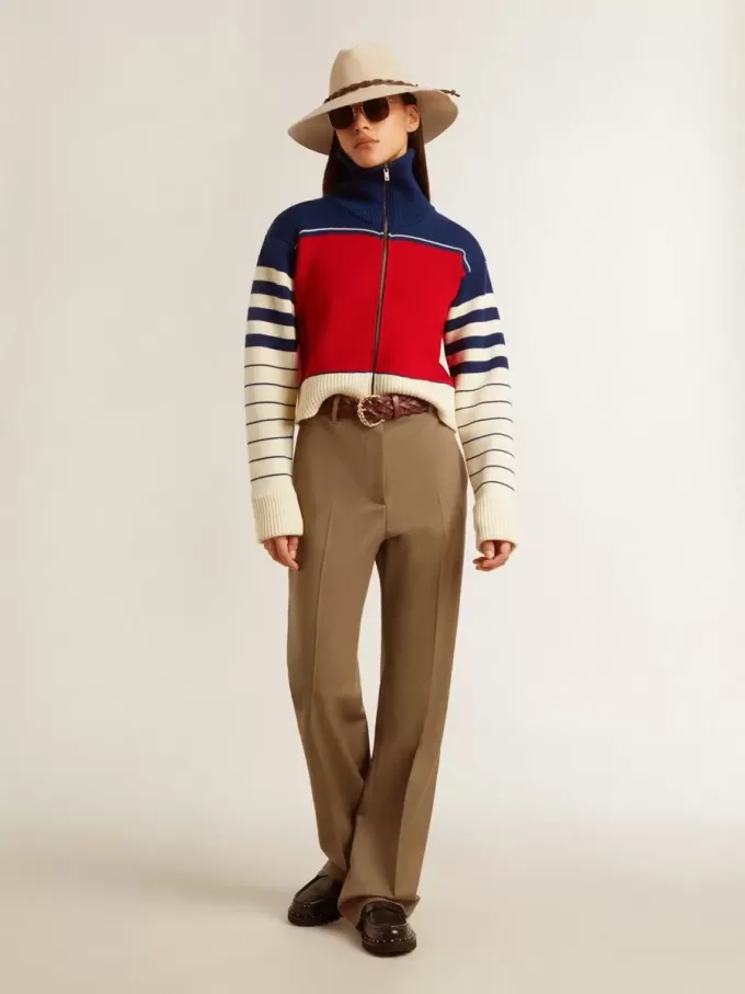 Felpa corta da donna in lana a righe multicolori