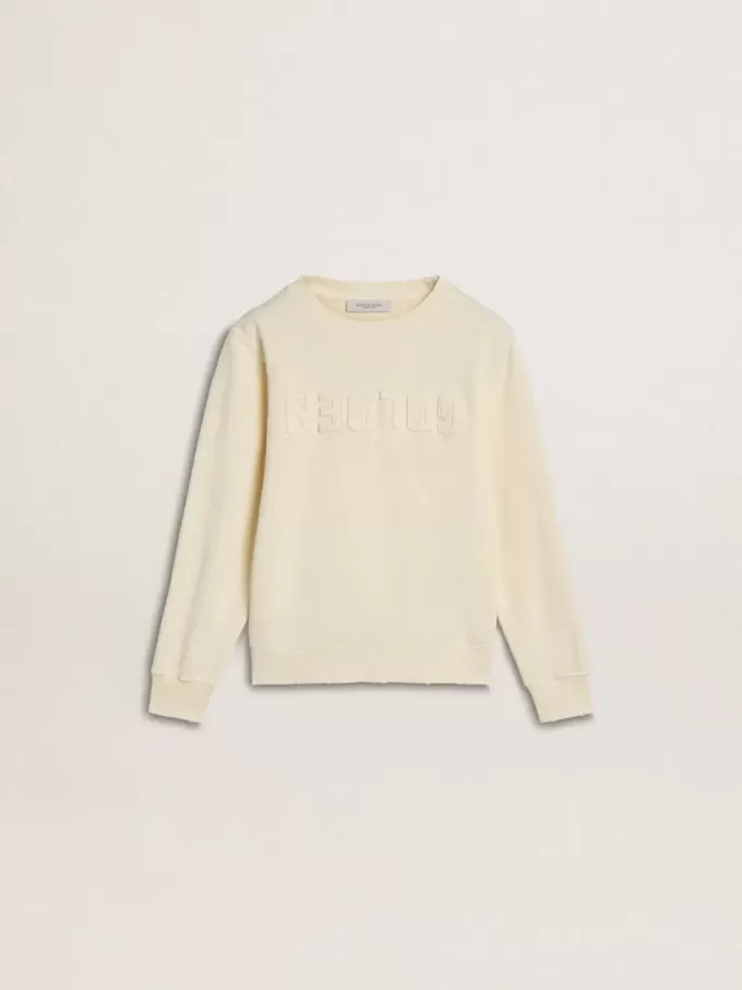 Felpa da bambina color crema con scritta patch