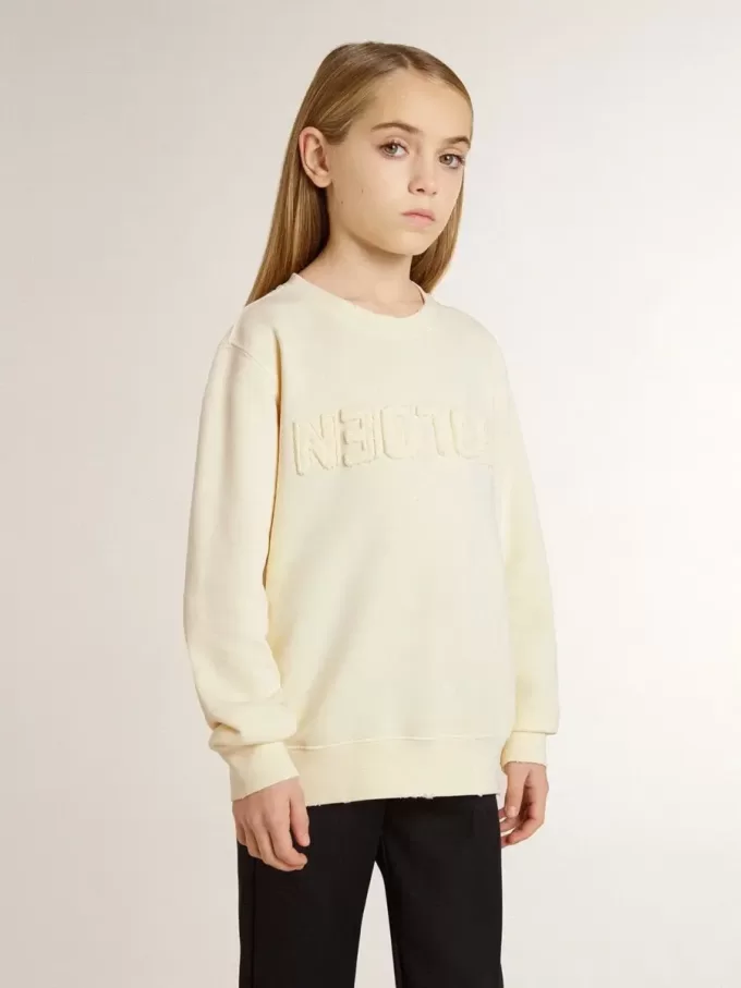 Felpa da bambina color crema con scritta patch