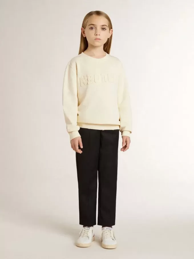 Felpa da bambina color crema con scritta patch