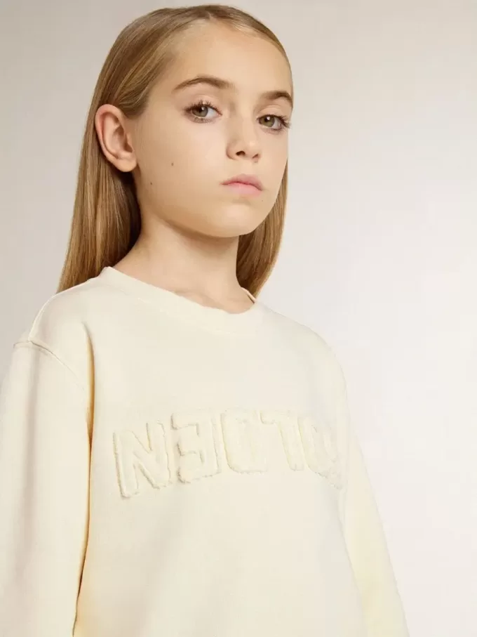 Felpa da bambina color crema con scritta patch