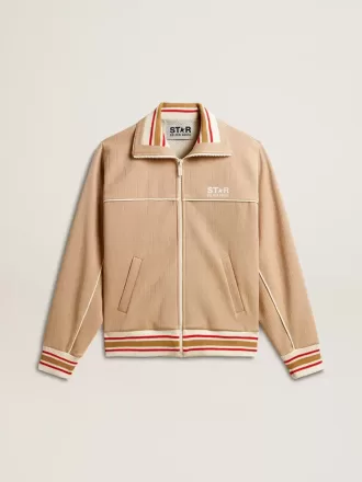 Felpa da donna beige chiaro con zip e logo bianco