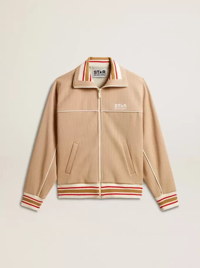 Felpa da donna beige chiaro con zip e logo bianco Felpa da donna beige chiaro con zip e logo bianco