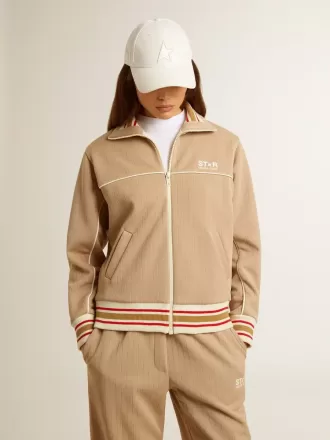Felpa da donna beige chiaro con zip e logo bianco
