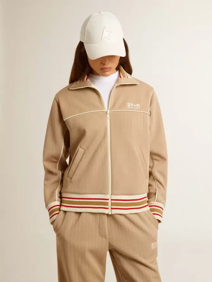 Felpa da donna beige chiaro con zip e logo bianco Felpa da donna beige chiaro con zip e logo bianco