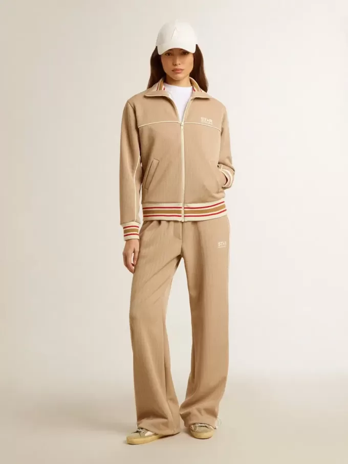 Felpa da donna beige chiaro con zip e logo bianco Felpa da donna beige chiaro con zip e logo bianco
