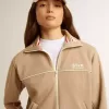 Felpa da donna beige chiaro con zip e logo bianco Felpa da donna beige chiaro con zip e logo bianco