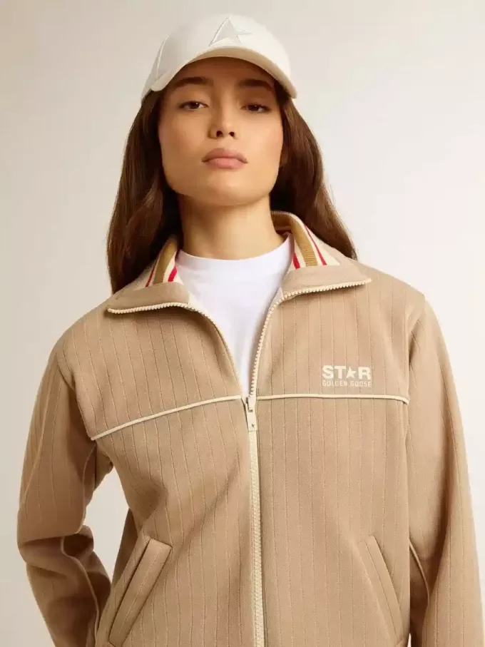 Felpa da donna beige chiaro con zip e logo bianco Felpa da donna beige chiaro con zip e logo bianco