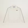 Felpa da donna bianca con zip, striscia bianca e stelle nere Felpa da donna bianca con zip, striscia bianca e stelle nere