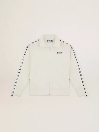 Felpa da donna bianca con zip, striscia bianca e stelle nere