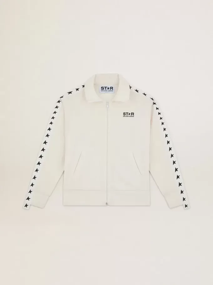 Felpa da donna bianca con zip, striscia bianca e stelle nere Felpa da donna bianca con zip, striscia bianca e stelle nere