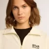 Felpa da donna bianca con zip, striscia bianca e stelle nere Felpa da donna bianca con zip, striscia bianca e stelle nere