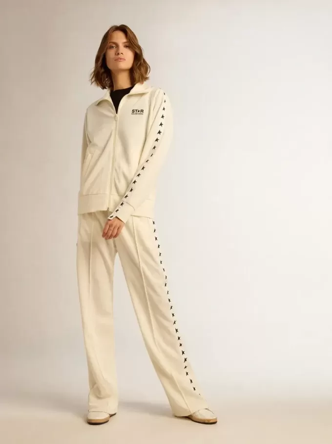 Felpa da donna bianca con zip, striscia bianca e stelle nere Felpa da donna bianca con zip, striscia bianca e stelle nere