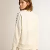 Felpa da donna bianca con zip, striscia bianca e stelle nere Felpa da donna bianca con zip, striscia bianca e stelle nere