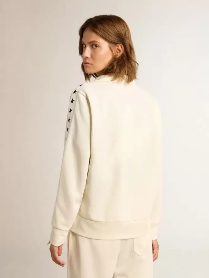 Felpa da donna bianca con zip, striscia bianca e stelle nere Felpa da donna bianca con zip, striscia bianca e stelle nere