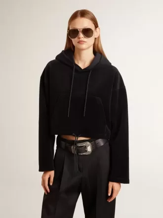 Felpa da donna in ciniglia nera con ricamo sul retro