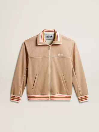 Felpa da uomo beige chiaro con zip e logo bianco