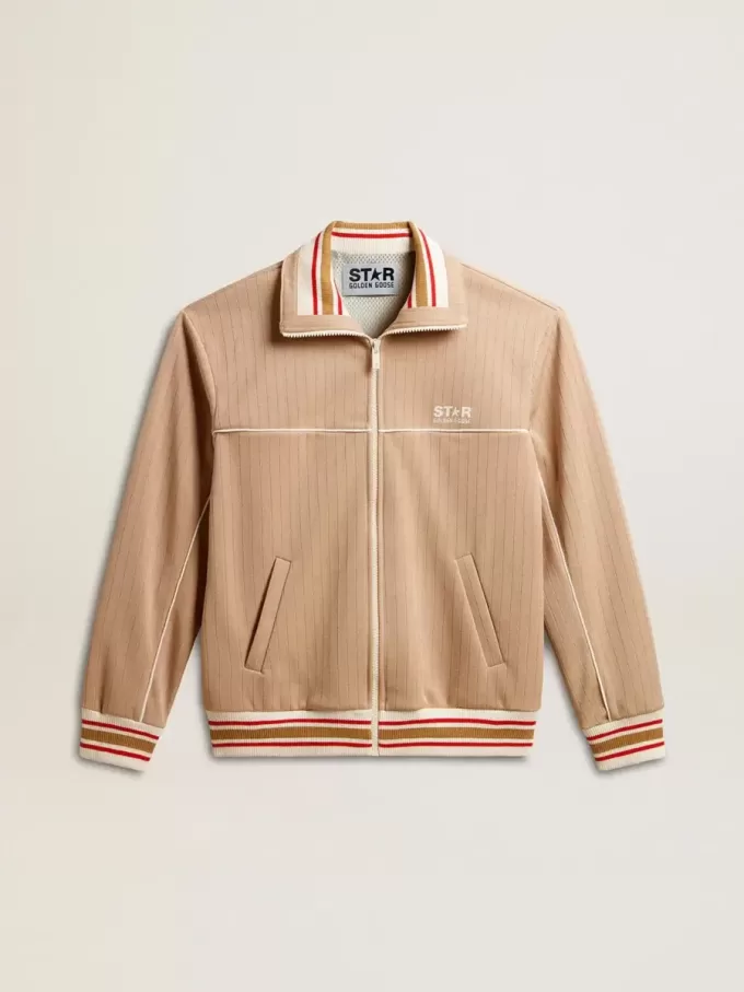 Felpa da uomo beige chiaro con zip e logo bianco Felpa da uomo beige chiaro con zip e logo bianco