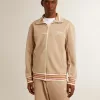 Felpa da uomo beige chiaro con zip e logo bianco Felpa da uomo beige chiaro con zip e logo bianco