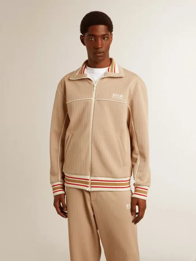 Felpa da uomo beige chiaro con zip e logo bianco Felpa da uomo beige chiaro con zip e logo bianco