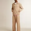 Felpa da uomo beige chiaro con zip e logo bianco Felpa da uomo beige chiaro con zip e logo bianco