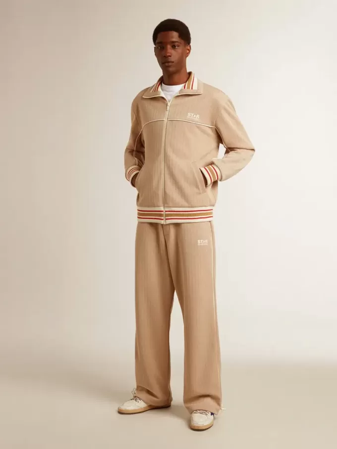 Felpa da uomo beige chiaro con zip e logo bianco Felpa da uomo beige chiaro con zip e logo bianco