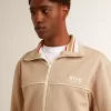 Felpa da uomo beige chiaro con zip e logo bianco Felpa da uomo beige chiaro con zip e logo bianco
