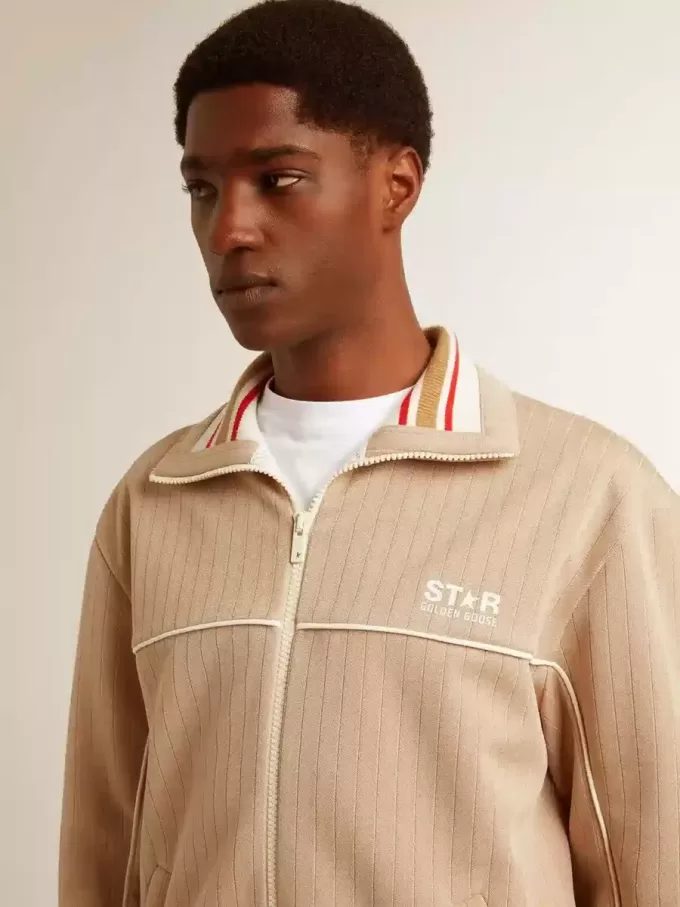 Felpa da uomo beige chiaro con zip e logo bianco Felpa da uomo beige chiaro con zip e logo bianco