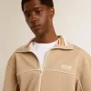 Felpa da uomo beige chiaro con zip e logo bianco Felpa da uomo beige chiaro con zip e logo bianco