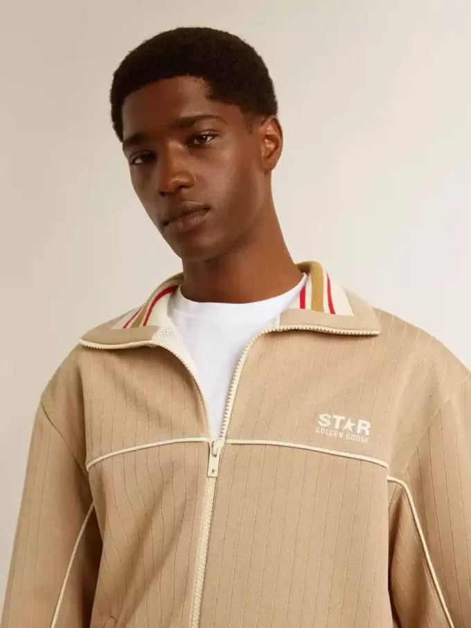 Felpa da uomo beige chiaro con zip e logo bianco Felpa da uomo beige chiaro con zip e logo bianco