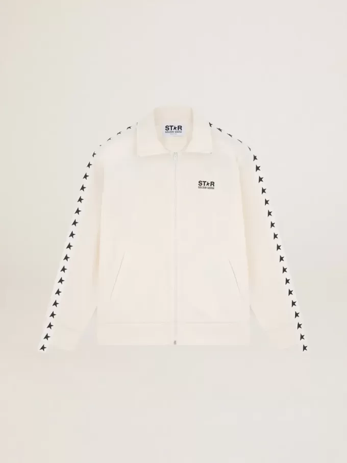 Felpa da uomo con zip, colore bianco papiro e stelle nere