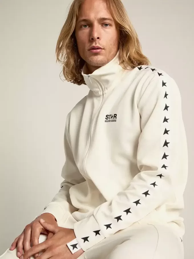 Felpa da uomo con zip, colore bianco papiro e stelle nere