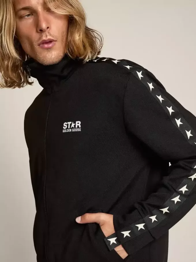 Felpa da uomo nera con zip e stelle bianche Felpa da uomo nera con zip e stelle bianche