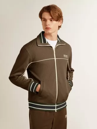 Felpa da uomo verde militare con zip e logo bianco