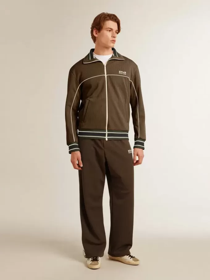 Felpa da uomo verde militare con zip e logo bianco Felpa da uomo verde militare con zip e logo bianco