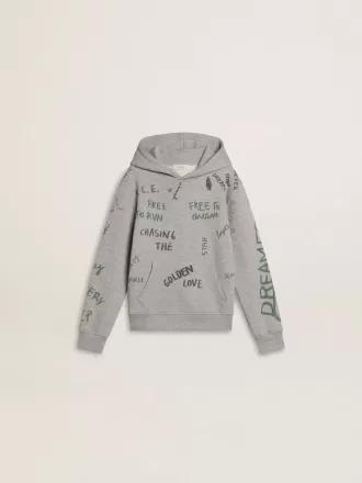 Felpa grigia per bambini con scritte multicolori stampate