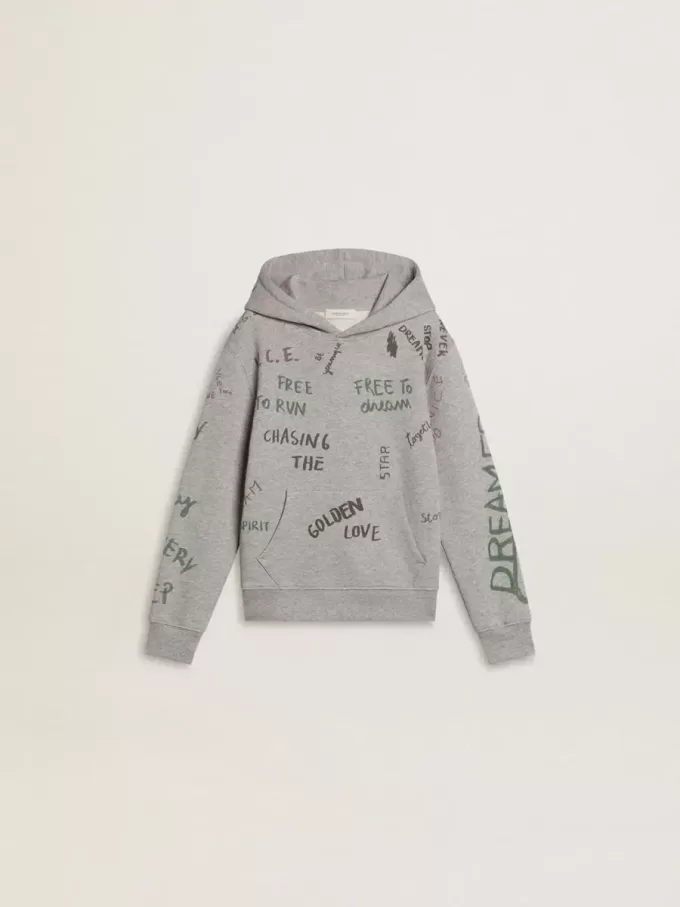 Felpa grigia per bambini con scritte multicolori stampate