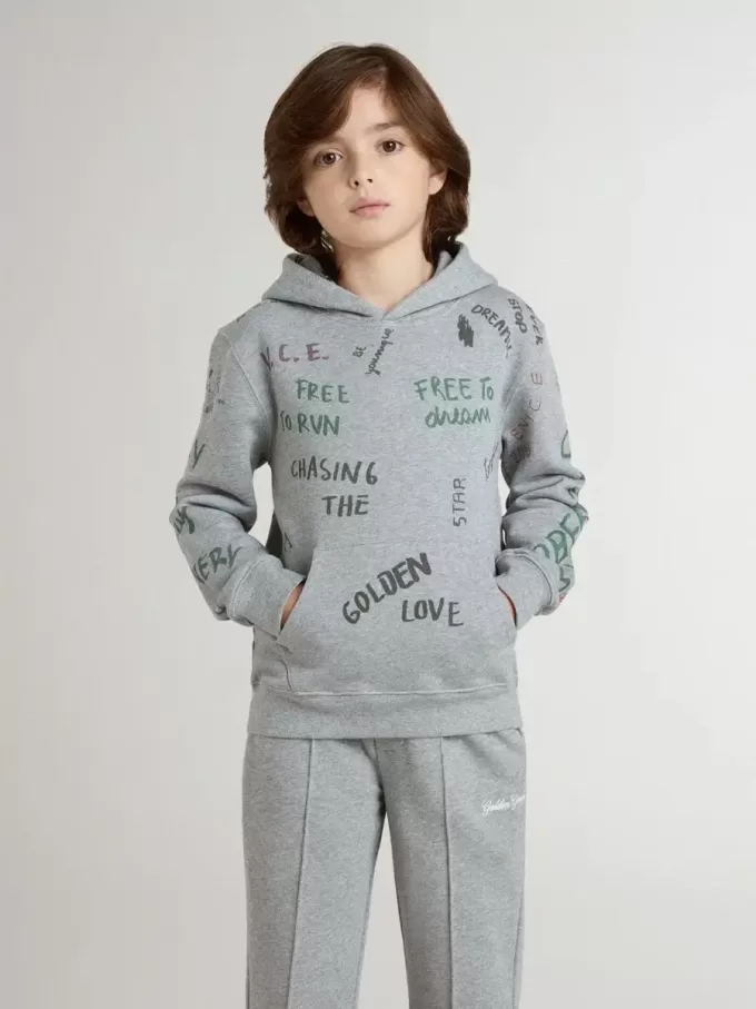 Felpa grigia per bambini con scritte multicolori stampate