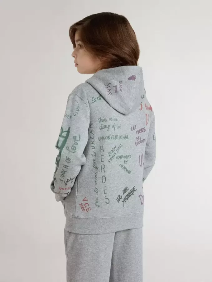 Felpa grigia per bambini con scritte multicolori stampate