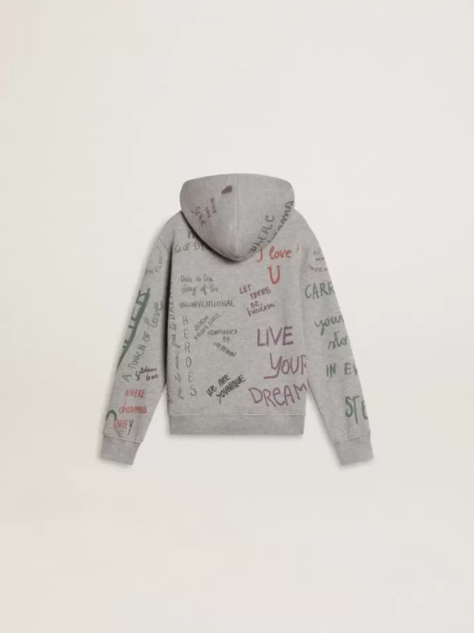 Felpa grigia per bambini con scritte multicolori stampate