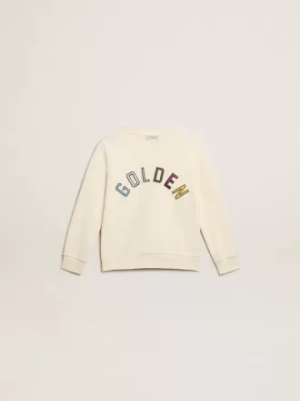Felpa in bianco invecchiato con scritta multicolore Golden sul davanti
