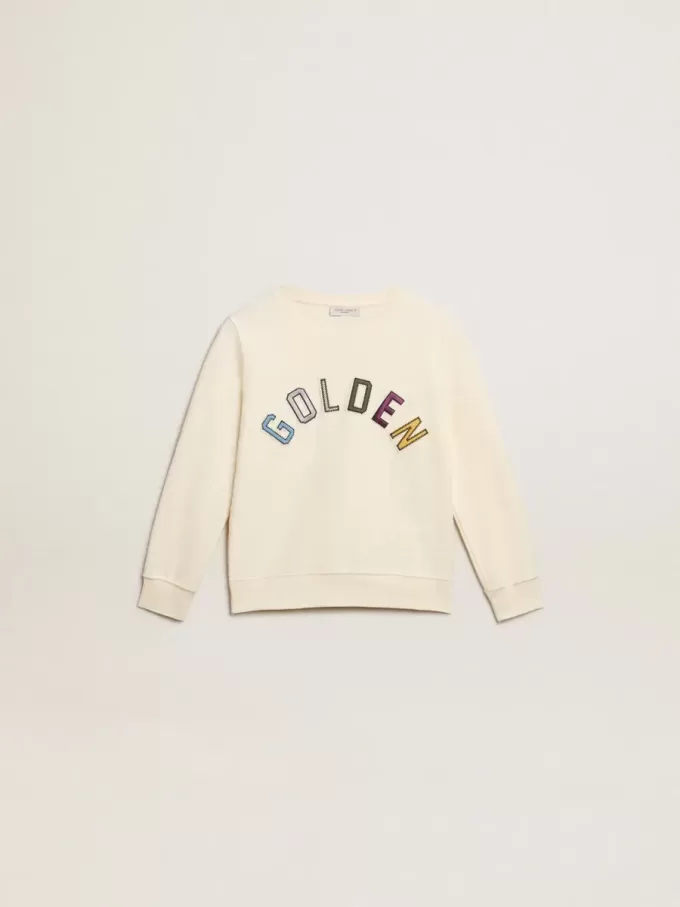 Felpa in bianco invecchiato con scritta multicolore Golden sul davanti Felpa in bianco invecchiato con scritta multicolore Golden sul davanti