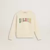 Felpa in bianco invecchiato con scritta multicolore Golden sul davanti