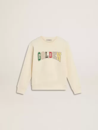 Felpa in bianco invecchiato con scritta multicolore Golden sul davanti