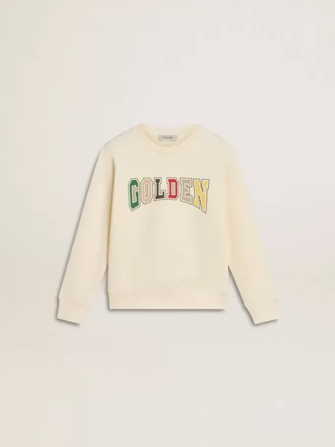 Felpa in bianco invecchiato con scritta multicolore Golden sul davanti
