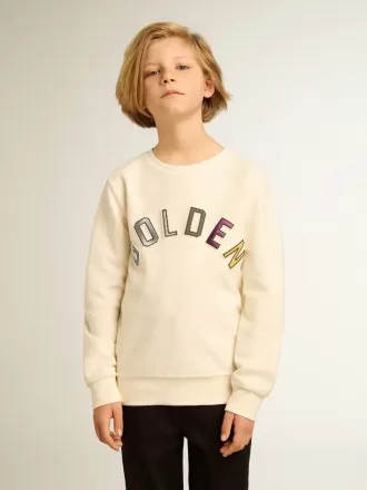 Felpa in bianco invecchiato con scritta multicolore Golden sul davanti