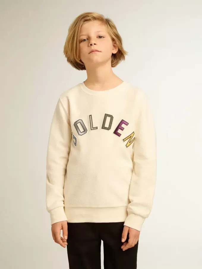 Felpa in bianco invecchiato con scritta multicolore Golden sul davanti Felpa in bianco invecchiato con scritta multicolore Golden sul davanti