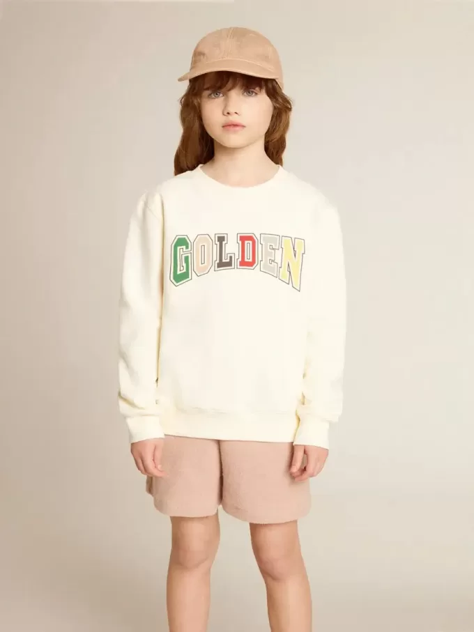 Felpa in bianco invecchiato con scritta multicolore Golden sul davanti