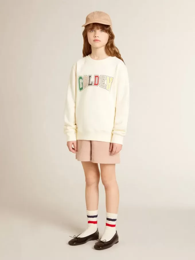Felpa in bianco invecchiato con scritta multicolore Golden sul davanti