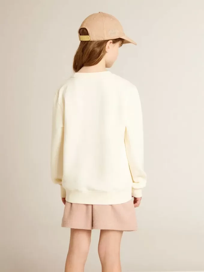 Felpa in bianco invecchiato con scritta multicolore Golden sul davanti
